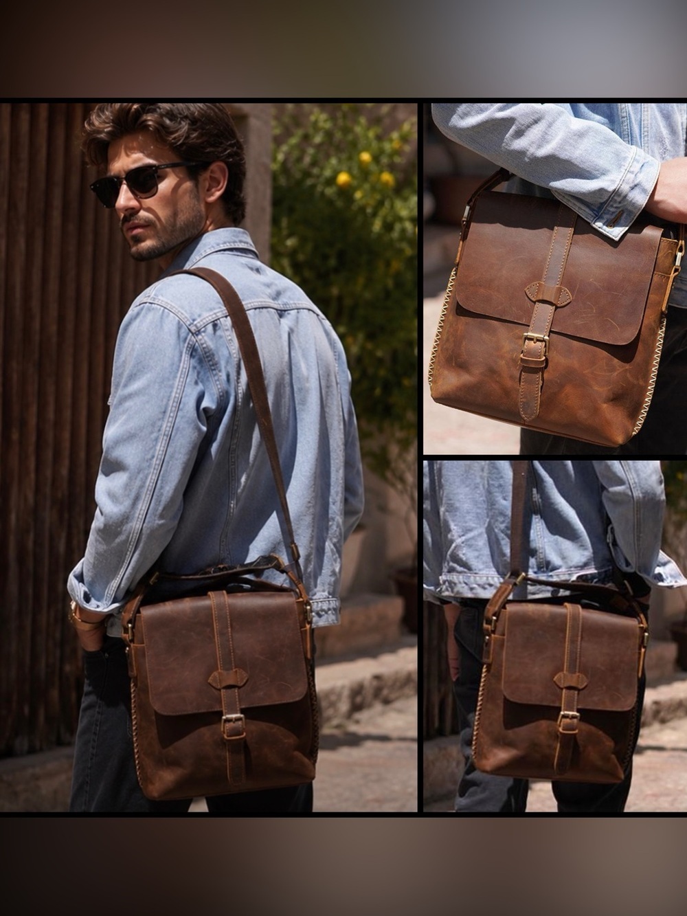 Vintage Brown Cowhide Leather Men’s Messenger Men Classic Old Money Crossbody